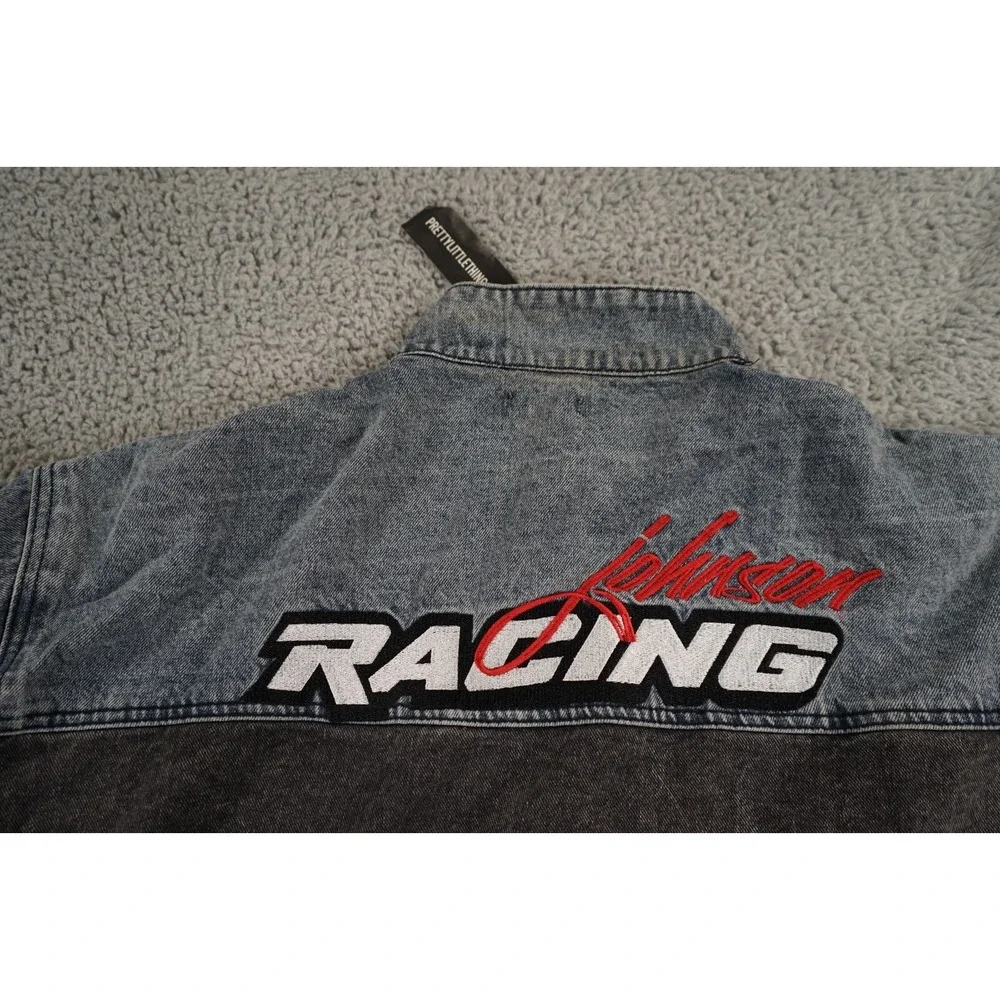 Pretty Little Thing Denim Jacket Womens 12 Blue Distressed Racing Button Up Logo